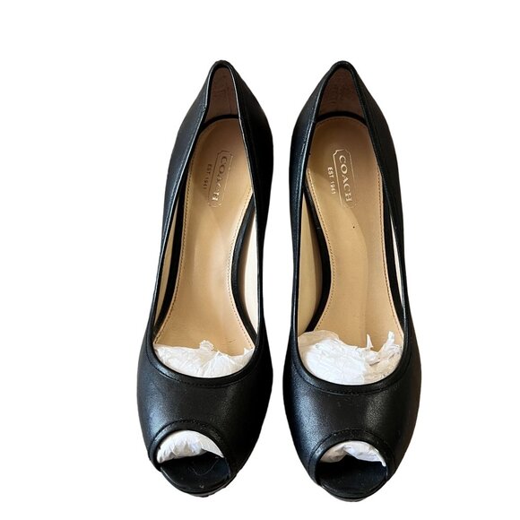 Coach Black Breana Leather Peep Toe Platform Pumps. Coach Logo Heels. Size 9 - Picture 3 of 16